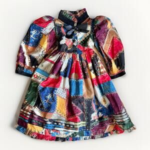 Vintage Daisy Kingdom "Crazy Patch" Girls Dress Sz 4 Multicolor Red Puff Sleeve